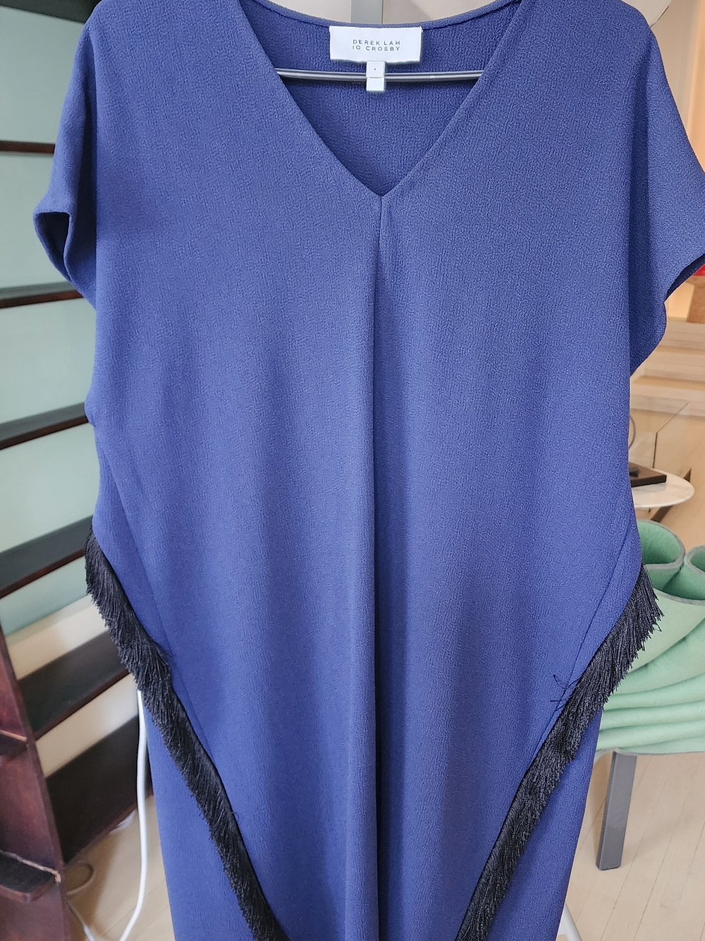 Derek Lam 10 Crosby Navy Blue V-Neck Fringe Trim Dress